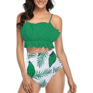 FIRPEARL Women's High Waisted Ruffle 2-Piece Bikini Green Floral Size Medium/6-8